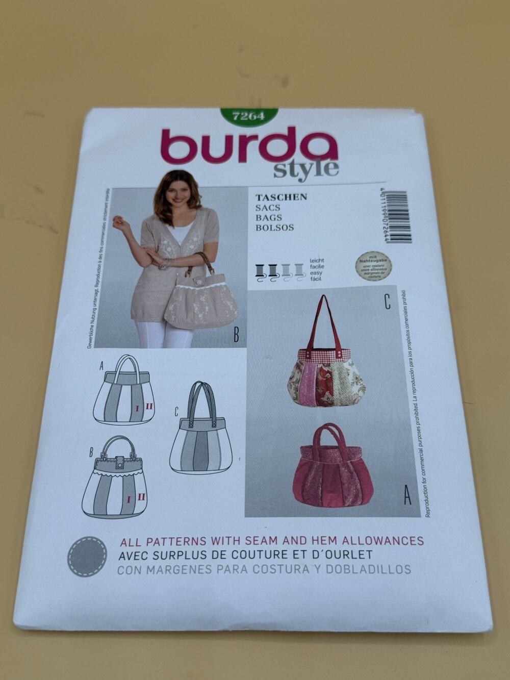 Burda Style 7264 Handbag Tote Bag Sewing Pattern Uncut Complete Easy